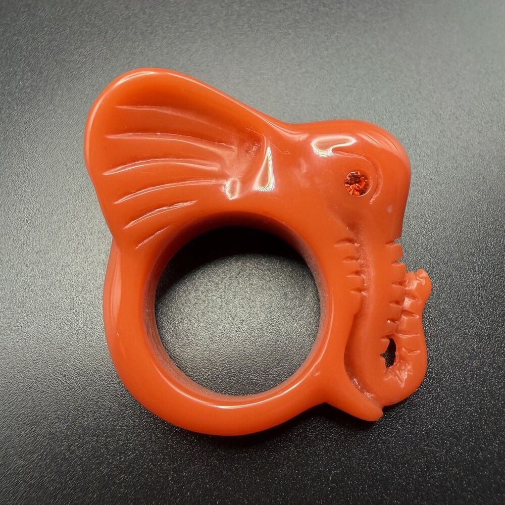 Vtg Bakelite Lucite Elephant Ring Red Rhinestone Eye Chunky Plastic Costume Mod